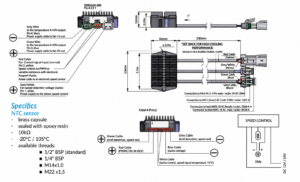 exploded technical diagram of an NTC sensor assembly showing four-pin connector, color-coded cables (red, green, blue, grey/white) and speed control wiring with a DC 12V/24V supply