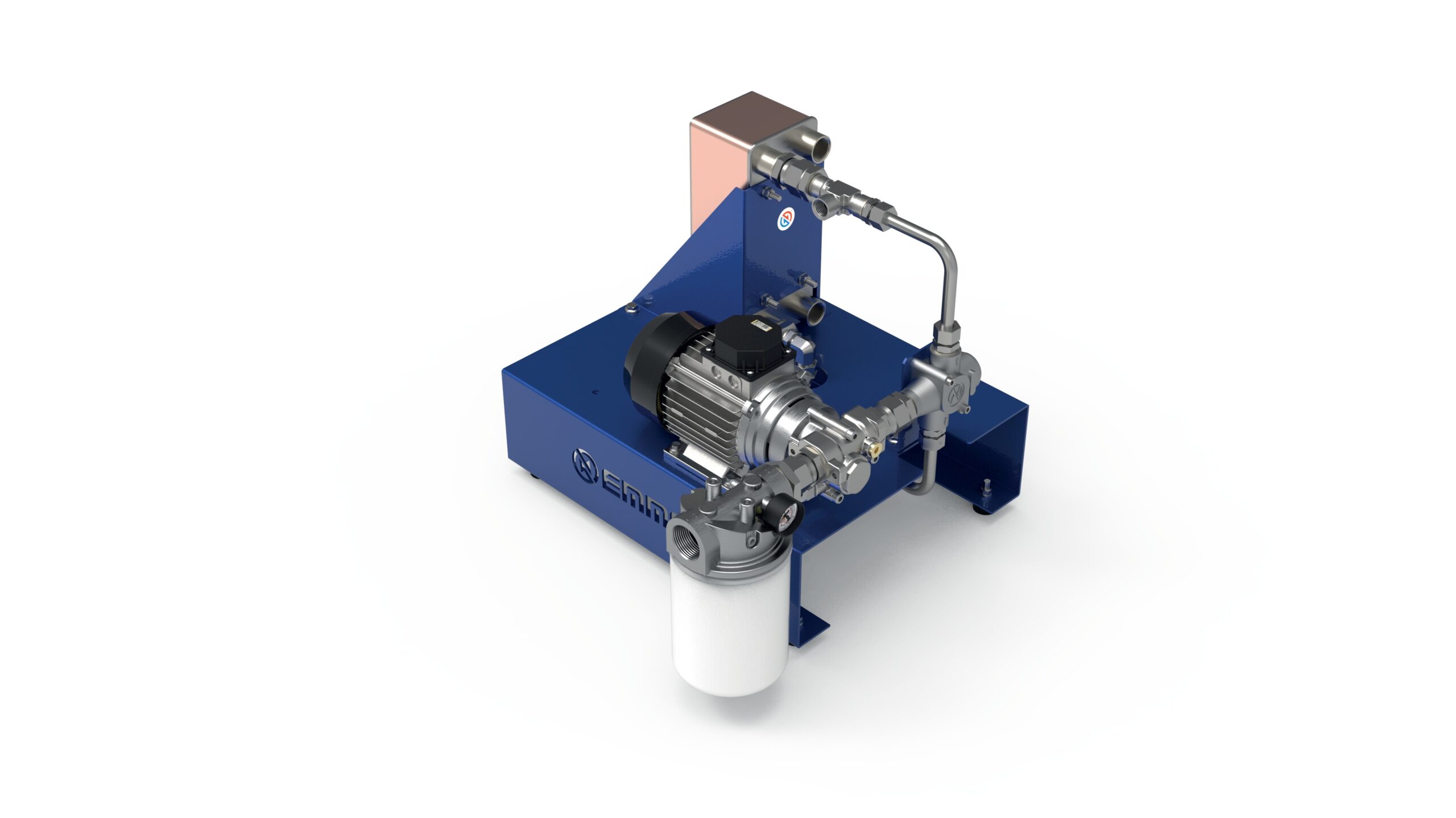 Blue skid-mounted industrial pump system with electric motor, valves, and stainless piping on a blue base.