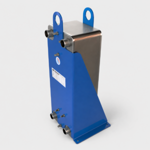Blue industrial mounting stand with stainless steel top, two lifting eyes on top, and multiple hose/fitting connections along the base plate.
