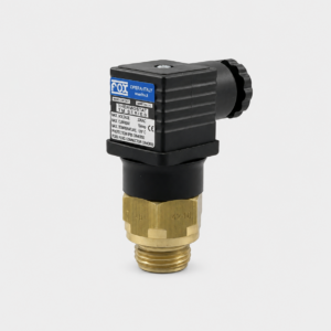 Brass valve with black adjustable head and knurled knob, featuring a blue Fox label on top, used for temperature control.