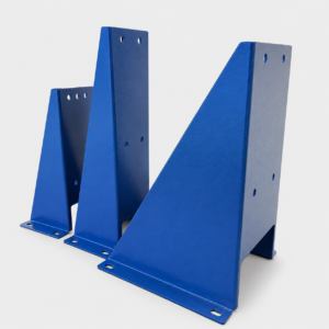 Blue steel industrial support stands with wide base plates and mounting holes for bolting to the floor (heavy-duty structural frame).