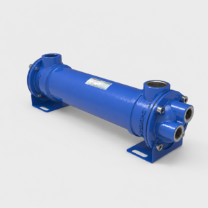 Blue industrial centrifugal pump with flange connections and metal mounting feet on a white background (image shows a long cylindrical body).