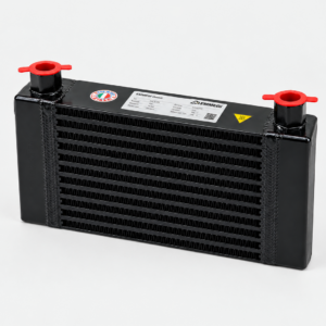Compact black plate-fin heat exchanger/radiator with two red inlet/outlet ports on top and a white label in the center, used for cooling in industrial systems.